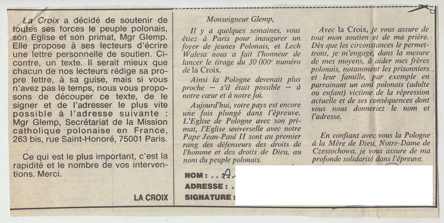 Treść listu opublikowana w „La Croix”